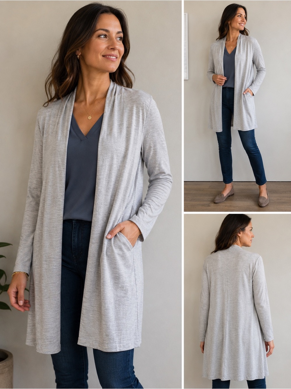 Eileen Fisher Italian Yarn Long Open Cardigan Silver Gray Size M